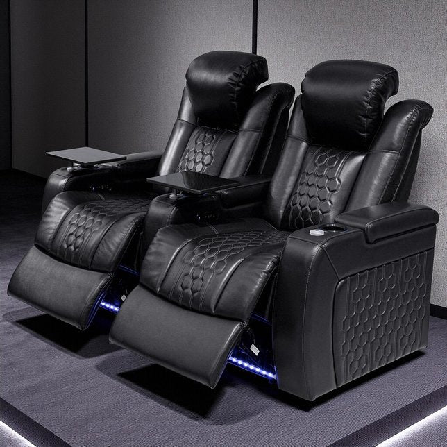 English Elm 68.9"power Recliner Set Top-grain Nappa Leather Rgb Led Home Theater Seating Black W3819S00090