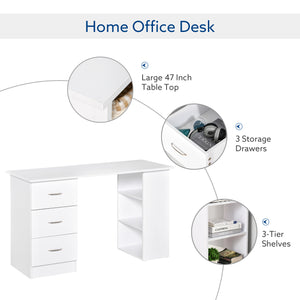 English Elm HOMCOM 47" Modern Computer Desk Bookcase Combo with 3 Drawers, 3 Shelves, Large Workstation White W2225P200378