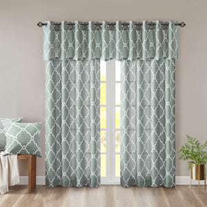 JLA Home Madison Park - Fretwork Metallic Fretwork Print Valance with Grommet Top — Textured Cotton-Blend Light Filter Seafoam/White MP41-2405