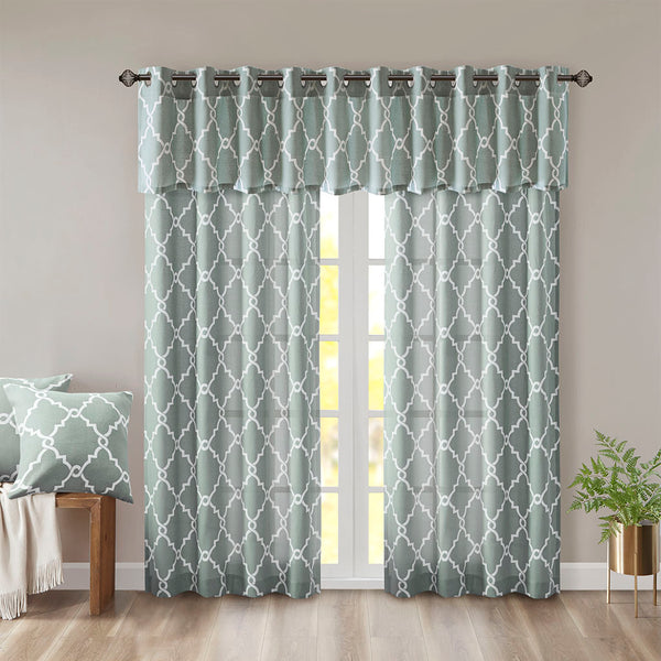 JLA Home Madison Park - Fretwork Metallic Fretwork Print Valance with Grommet Top — Textured Cotton-Blend Light Filter Seafoam/White MP41-2405