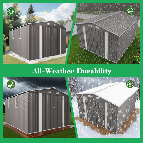 English Elm 10x12ft Galvanized Steel Outdoor Storage Shed with Vented Windows and Lockable Doors W3213S00008