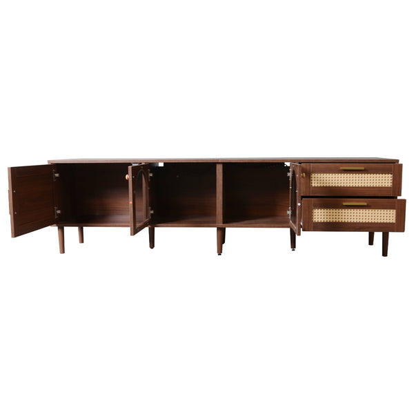 English Elm 70 Inch Rattan Media Console with Led Lighting Two Drawers Glass Storage Modern Living Room N710P396852P