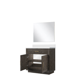 English Elm Brown Oak Single Bath Vanity Set With White Quartz Countertop & 34-Inch Frameless Mirror Included B2731S01396