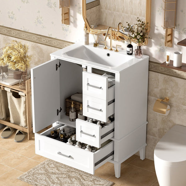 English Elm 24" Olive Bathroom Vanity Solid Wood Frame Ceramic Sink Gold Hardware Soft Close White N729P373276K