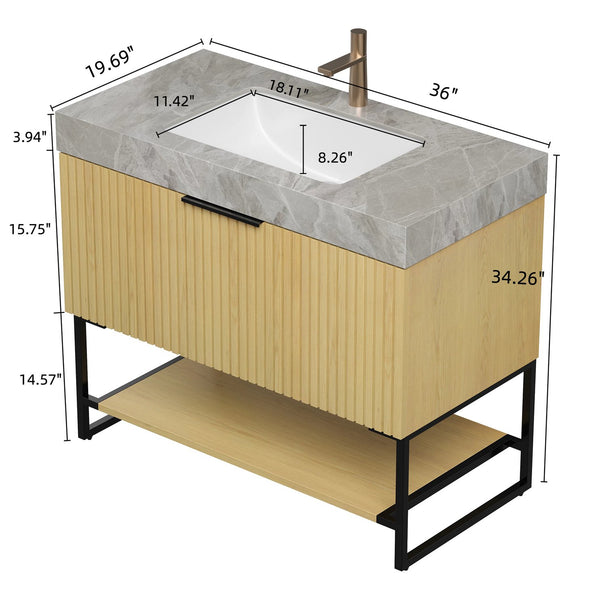 English Elm YOLAN 36" Bathroom Vanity with Integrated Solid Surface Basin, Pre-Assembled Plywood Cabinet, Soft-Close Drawer and Open Towel Shelf Black,Golden Oak,Light Gray,White W2615S00364