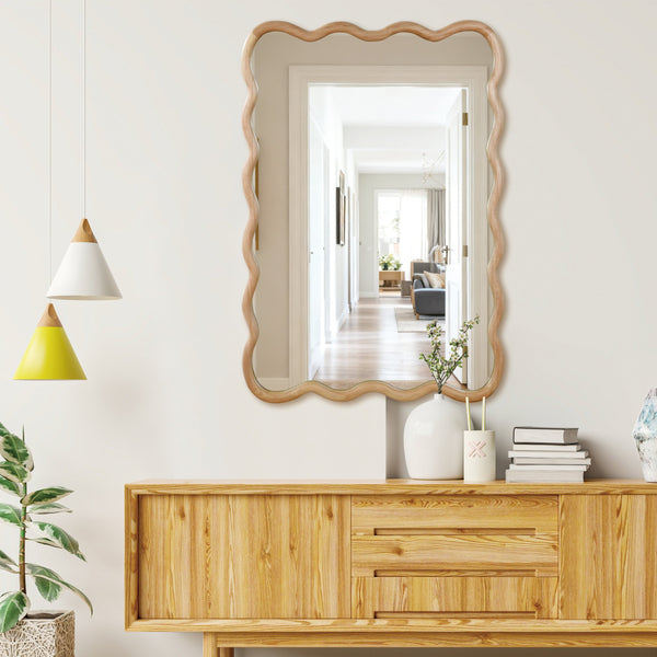 English Elm Natural Wood Wavy Rectangle 24"x36" Solid Wood Frame Mirror – Rustic Boho Wall Mirror for Home W2203P388997