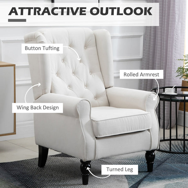 English Elm HOMCOM Button-Tufted Accent Chair with High Wingback, Deep Diamond Tufting and Plush Padded Seat Cream White W2225P217481
