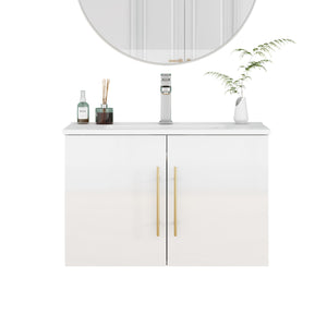 English Elm 30-Inch Sleek White Gloss Wall-Mounted Bathroom Vanity With Gold Handles & Soft-Close Doors, Easy Install W3151S00052
