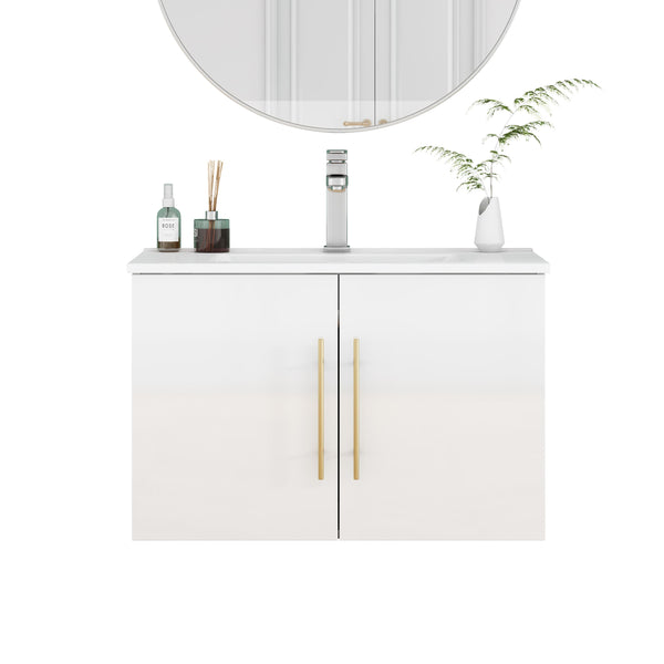 English Elm 30-Inch Sleek White Gloss Wall-Mounted Bathroom Vanity With Gold Handles & Soft-Close Doors, Easy Install W3151S00052