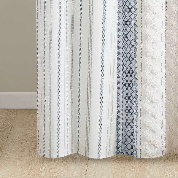 JLA Home INK+IVY - Cotton Imani Aztec Printed Shower Curtain with Chenille Stripe Trim — Boho Texture, OEKO‑TEX Certified Comfort White/Navy II70-1319