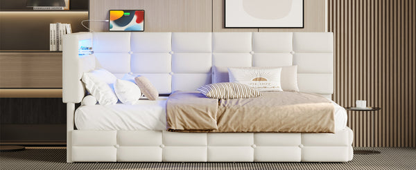 English Elm Upholstered Twin Daybed with 2 Under-Bed Drawers, Headboard Storage, USB-C Charging & LED Lights Beige 41.31 L x 21.42 W x 13.37 H N733P285121A