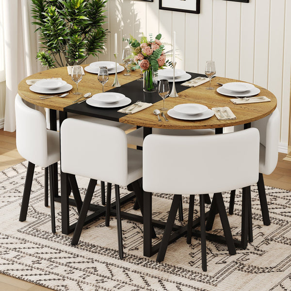 English Elm 7-piece Oval Dining Set with Pu Leather Chairs Modern Kitchen Table for Six Black,White,Wood W3875S00089