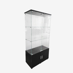 English Elm Double-door Glass Display Cabinet with Led Lighting Four Shelf Living Room Storage Black W3155S00023