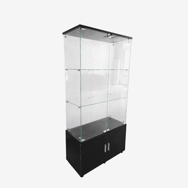 English Elm Double-door Glass Display Cabinet with Led Lighting Four Shelf Living Room Storage Black W3155S00023