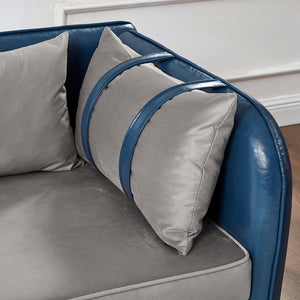 English Elm 65" Velvet Storage Chaise Lounge with Pu Leather Panels Eucalyptus Frame Accent Seat Blue+Grey W1097P434118