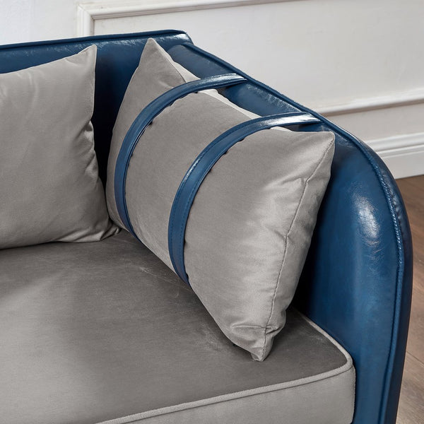 English Elm 65" Velvet Storage Chaise Lounge with Pu Leather Panels Eucalyptus Frame Accent Seat Blue+Grey W1097P434118