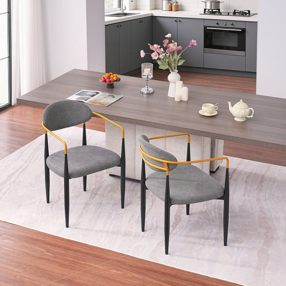 English Elm Modern Upholstered Dining Chairs Set of 2 Beige Fabric Gold Arm Black Frame W5501P462422