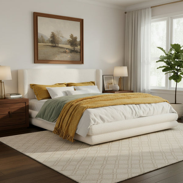 English Elm King Boucle Wingback Upholstered Bed Sculptural Arched Frame for Modern Bedroom N757K360458W