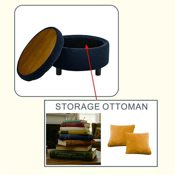 English Elm 25 Inch Round Fabric Pouf Ottoman with Removable Wooden Lid and Hidden Interior Storage Black W5568P461346