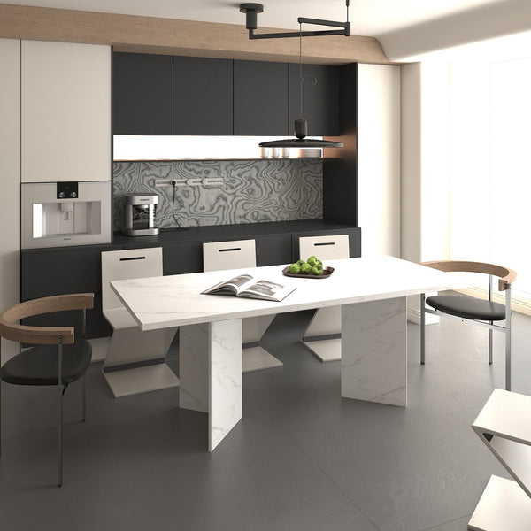 English Elm Extendable Faux Marble Dining Table with V-Legs — Sleek Expandable Conference & Kitchen Centerpiece for 6–10 White W1347S00015