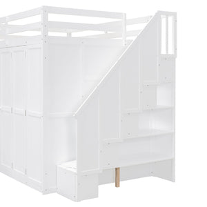 English Elm Full Size Loft Bed with Wardrobe Desk and Shelving for Modern Teen Bedroom White LT000679AAK-1