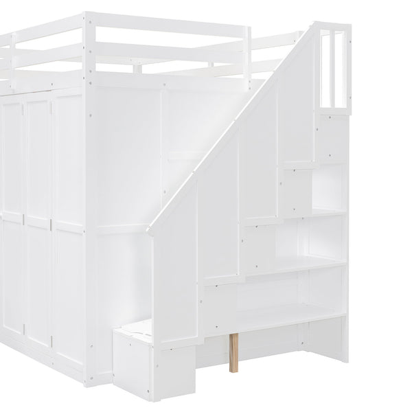 English Elm Full Size Loft Bed with Wardrobe Desk and Shelving for Modern Teen Bedroom White LT000679AAK-1