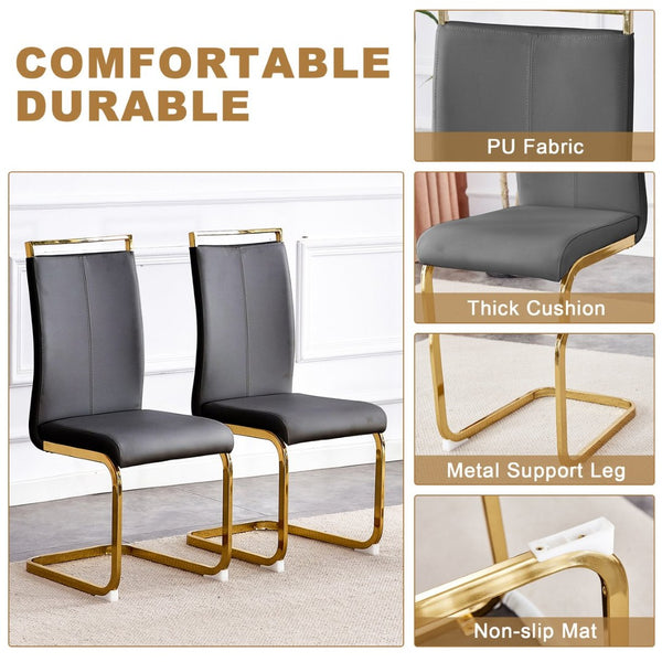 English Elm Table Luxurious 9-Piece Dining Set With Patterned Glass Top And Golden Legs, 8 Dark Gray Pu Chairs W1151S03236-GIGA