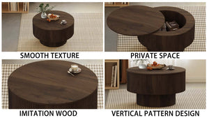 English Elm 29.53 Inch Round Mdf Coffee Table Sculptural Grooved Silhouette with Hidden Storage W2189P320663