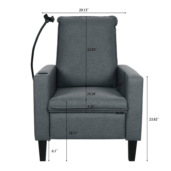 English Elm Recliner Chair with Phone Holder Cup Storage Push Back Fabric Seat for Living Room Grey W680131614