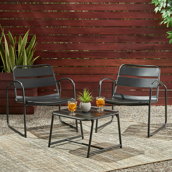English Elm Christopher Knight Home® - CONRAD Modern Outdoor Chat Set with Powder-Coated Iron Frame, Open Slat Seats for Breezy Comfort Matte Black N775P250736B