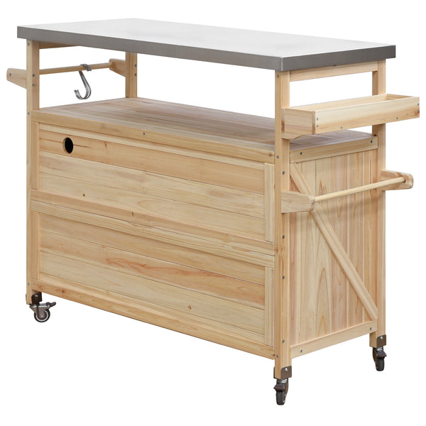 English Elm K&K Outdoor Kitchen Island Rolling Bar Cart with 1.2" Stainless Steel Top, Ample Storage, Wheels and Spice Rack Natural WF532198AAY