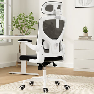 English Elm Ergonomic Office chair with adjustable headrest and lumbar support, breathable mesh, space-saving design Black,White T3623P368416