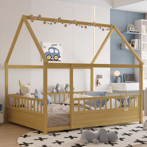 English Elm Full Full-Size Montessori Floor Bed with High Safety Fence, Clockwise Door, Pine Frame & Support Slats Natural W1858P310085