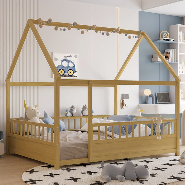 English Elm Full Full-Size Montessori Floor Bed with High Safety Fence, Clockwise Door, Pine Frame & Support Slats Natural W1858P310085