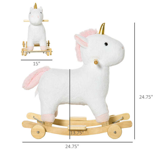 English Elm Qaba Plush Unicorn Rocker Ride on Toy with Wood Base Sound and Rolling Play W2225P229214