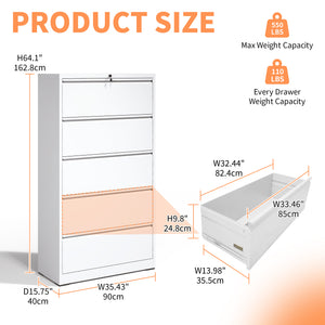 English Elm 5 Drawer Metal Lateral File Cabinet with Secure Locking System, Smooth Powder Coat, Quiet Ball-Bearing Slides for Heavy-Duty Legal and A4 Document Organization White T2398P182179