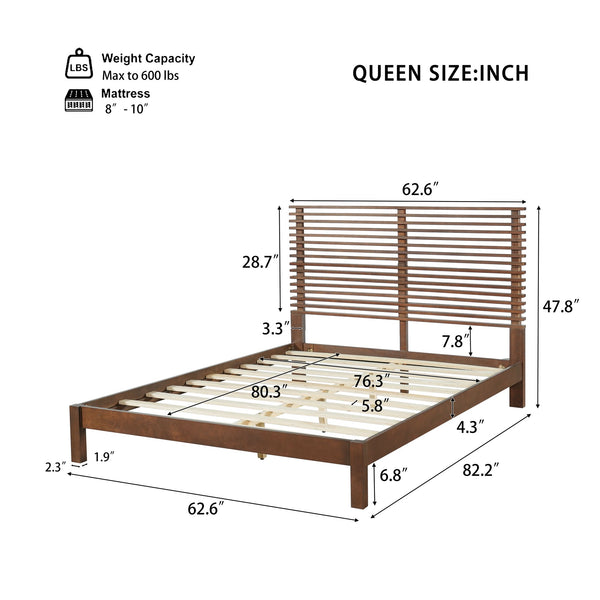 English Elm Premium Solid Pine Queen Platform Bed Architectural Slat Headboard Modern Bedroom Walnut N770PQ367009D