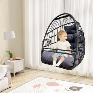 English Elm Swing Hammock Egg Chair with Wood-Grain Alloy Frame, UV-Resistant Rattan, Foldable 350lb Capacity Black W2707P184373
