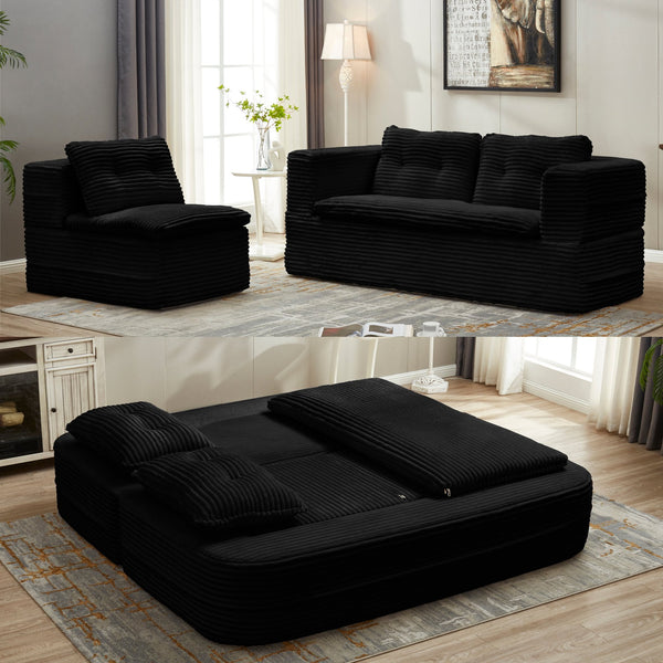 English Elm Multi Functional Sectional Sofa Bed Plush Corduroy Convertible 80" King Sleeper with Chaise, Deep Fluff Black W3219P339469
