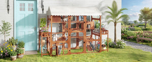 English Elm Large Pine Wood Catio Outdoor Cat Enclosure with Wire Mesh and Dual Plant Stands Brown N704G201617P