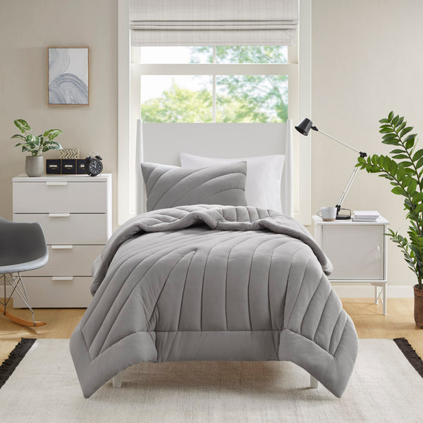 JLA Home Urban Habitat - Poly Plush Jersey Puffy Comforter Set with 350gsm Loft, Hypoallergenic, Antimicrobial Finish, OEKO‑TEX Certified Gray UH10-2518