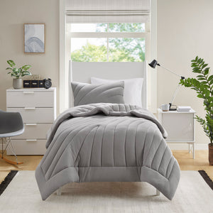 JLA Home Urban Habitat - Poly Puffy Jersey Comforter Set with 350gsm Loft, Hypoallergenic, Antimicrobial, OEKO-TEX Certified Cozy Gray UH10-2519