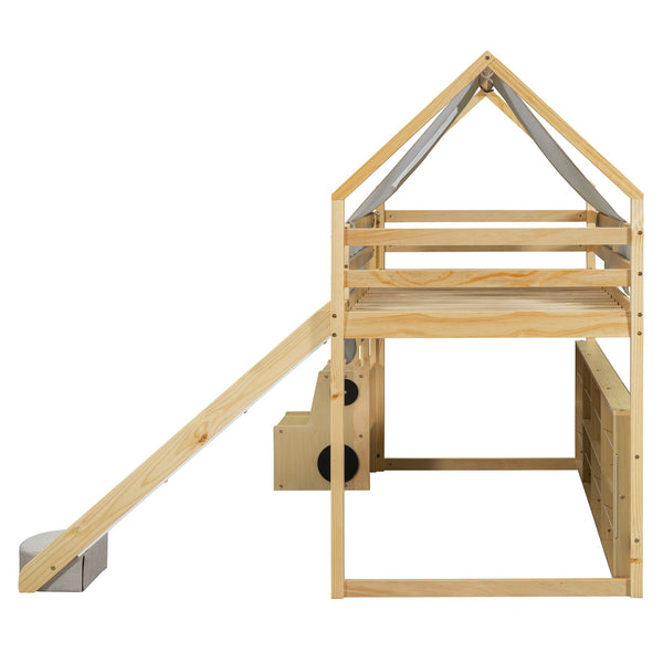 English Elm Twin House Loft Bed with Tent Canopy Slide and Shelves Pinewood Kids Frame Natural LT000682AAD