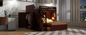English Elm Twin Over Full Bunk Bed with Wardrobe Storage Stairs Shelves and Usb Charging Espresso LT000292AAP