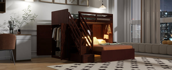 English Elm Twin Over Full Bunk Bed with Wardrobe Storage Stairs Shelves and Usb Charging Espresso LT000292AAP