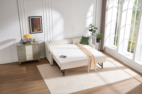 English Elm Twin Velvet Daybed with Pull Out Trundle Tufted Back Usb Port and Side Pockets Beige W1361S00035
