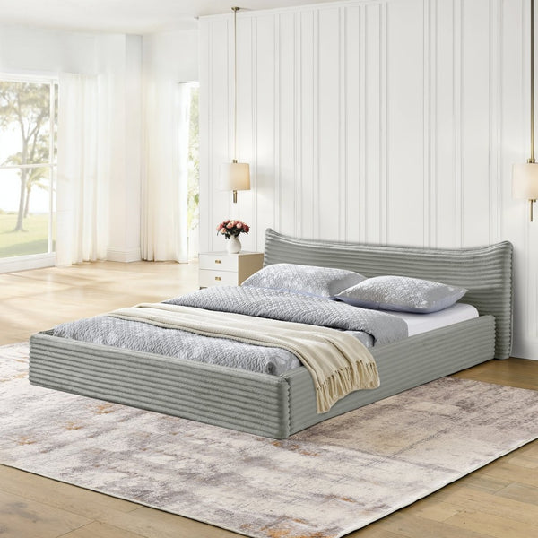 English Elm Queen Upholstered Platform Bed Frame In Grey Velvet With Curved Headboard - No Box Spring Needed! W487S00340-GIGA