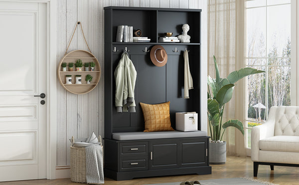 English Elm On-Trend Stylish Hall Tree With Sliding Doors, 6 Hooks, Cushion Bench & Smart Storage For Entryways N721P205787B-GIGA