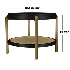English Elm Round Two Tier Side Table with Rattan Shelf Aged Brass Legs for Living Room Black B016P469756