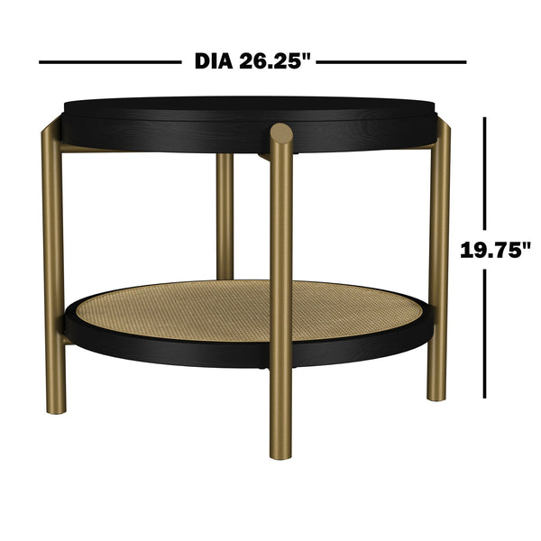 English Elm Round Two Tier Side Table with Rattan Shelf Aged Brass Legs for Living Room Black B016P469756